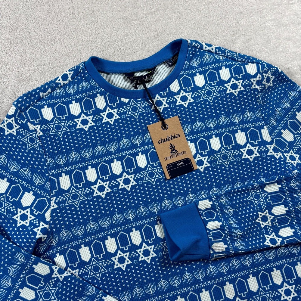 Chubbies The Funukkah Sleep Shirt Mens Large Blue White Hanukkah Waffle‎ Knit